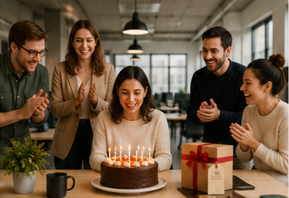 Celebración de cumpleaños en una oficina con una torta de pastelería